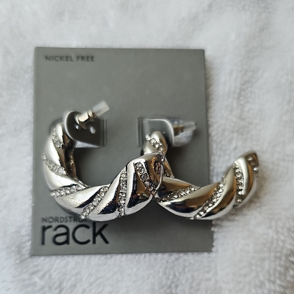 NEW Nordstrom Rack Pave Twisted Silver Hoop Earrings - Picture 2 of 8